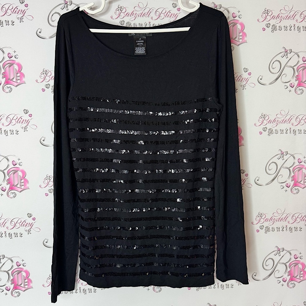 INC sparkly embroidery Black Sequin Long Sleeve Top stripes